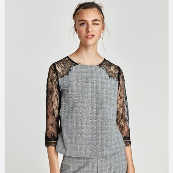 Zara Check Top Blouse with Lace Size Large - Picture 1 of 7